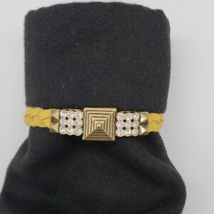 Lia Sophia Yellow Leather 8" Braided Bracelet Gold Tone w/ Rhinestones